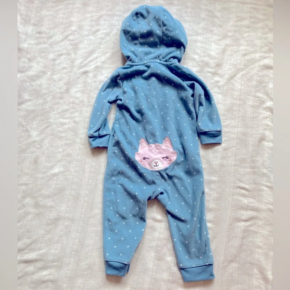Carters Fleece Zip Up Jumpsuit 12M Blue Polka Dot Hooded Baby One‎ Piece